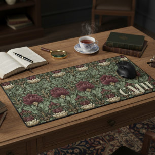 Wein Grün Vintage William Morris Floral Monogramm Schreibtischunterlage