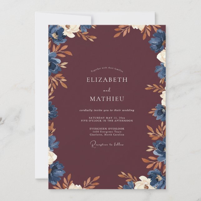 Wein Indigo Blatt Hochzeit Einladung (Vorderseite)