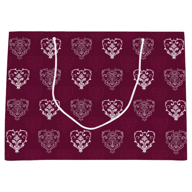 Wein Lila & Silberherz Gemustert Große Geschenktüte (Vorderseite)