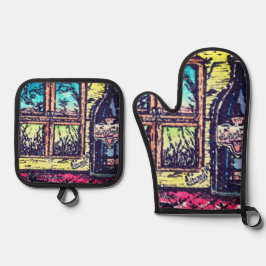 Wein mit Aussicht Ofenhandschuh & Topflappen-Set