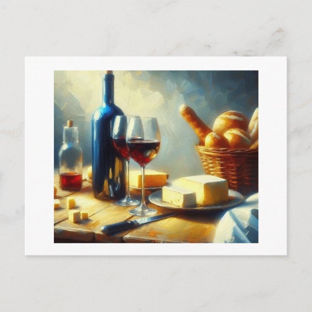 Wein mit Käse und Rolls, Postkarte (Vorderseite)