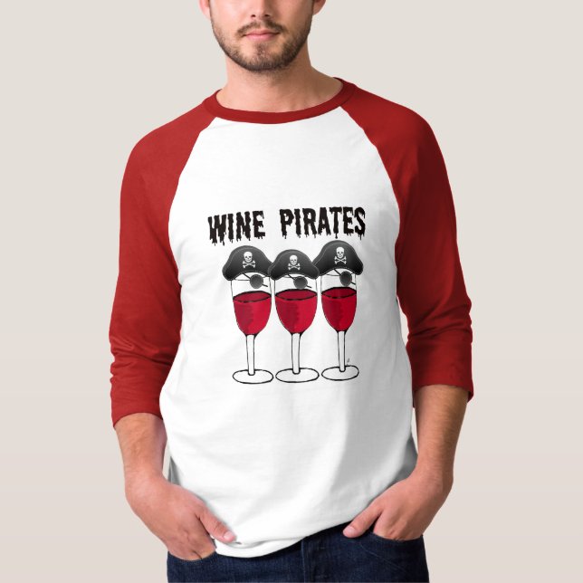 WEIN-PIRATEN-ROTWEIN-GLÄSER UND PIRATEN-DRUCK T-Shirt (Vorderseite)