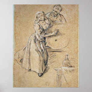 Wein-pourer mit einer Karte des jungen Mannes Poster