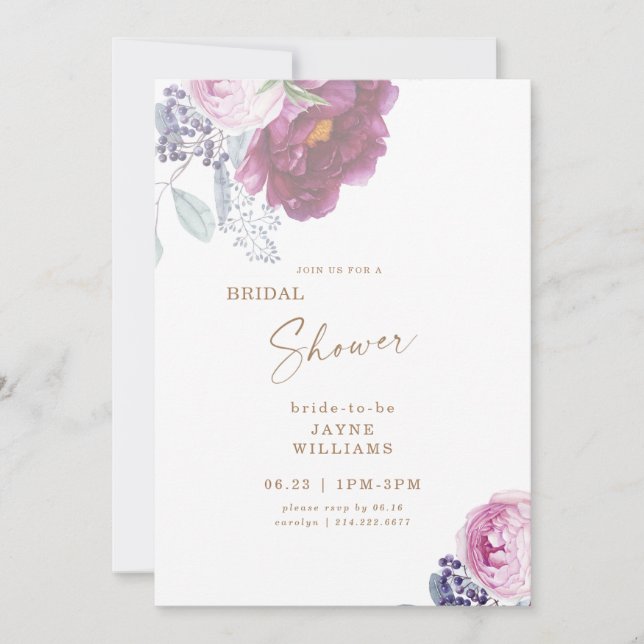 Wein & Rosa Blumen Elegantes Brautparty Einladung (Vorderseite)