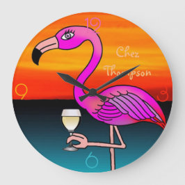 Wein trinken rosa Flamingo personalisiert Große Wanduhr