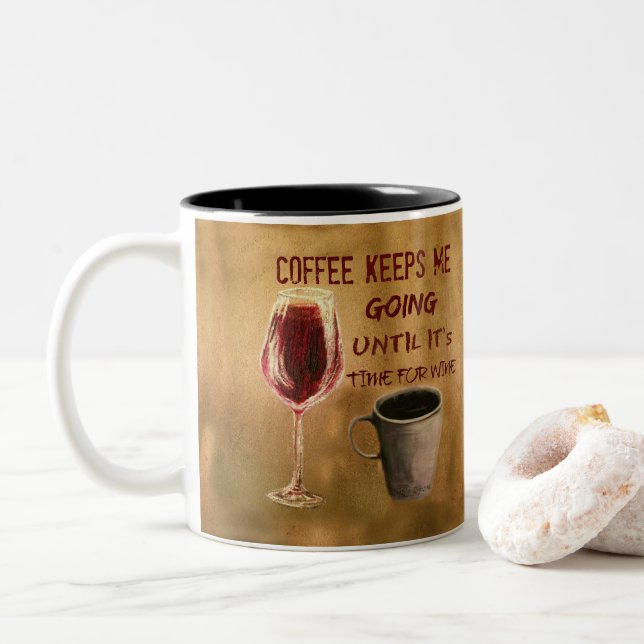 Wein und Kaffee behalten mich gehende Kaffee-Tasse Zweifarbige Tasse (Mit Donut)