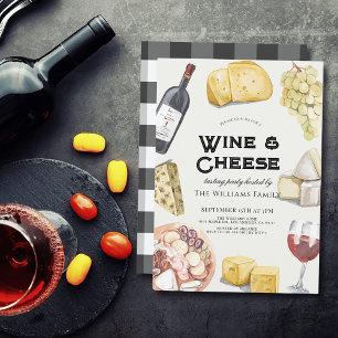 Wein- und Käse-Charcuterie-Gingham-Verkostungspart Einladung