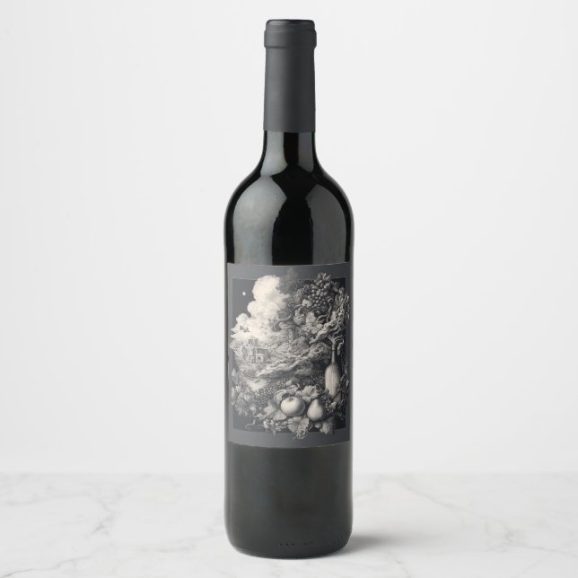 Weinanbau Fantasy mit Trauben und Flaschen Kunstwe Weinetikett (Vorderseite)