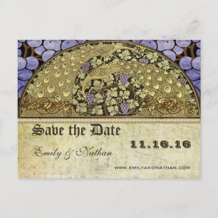 Weinberg Jugendstil Pfauenvögel Save the Date Ankündigungspostkarte