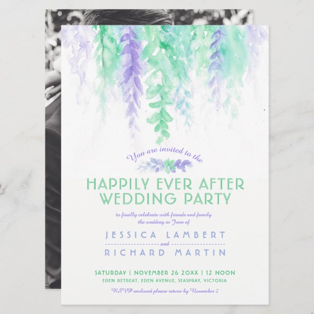 Weinberge in Aquarellfarbe Blau nach Hochzeitsfeie Einladung (Vorne/Hinten)