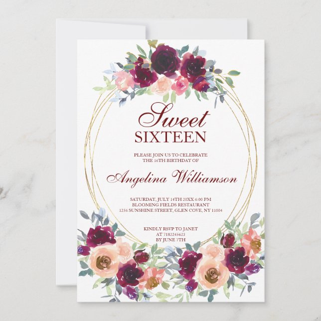 WEINBLUSH WATERCOLOR FLORAL GOLD FOTO SWEET 16 EINLADUNG (Vorderseite)