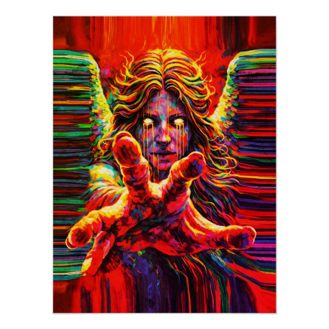 Weinender Engel Neon Multicolor Impasto Ölgemälde Poster (Vorderseite)