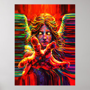 Weinender Engel Neon Multifarben Impasto-Ölgemälde Poster