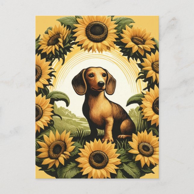 Weiner Dog Dackel Art Sonnenblumen Postkarte (Vorderseite)