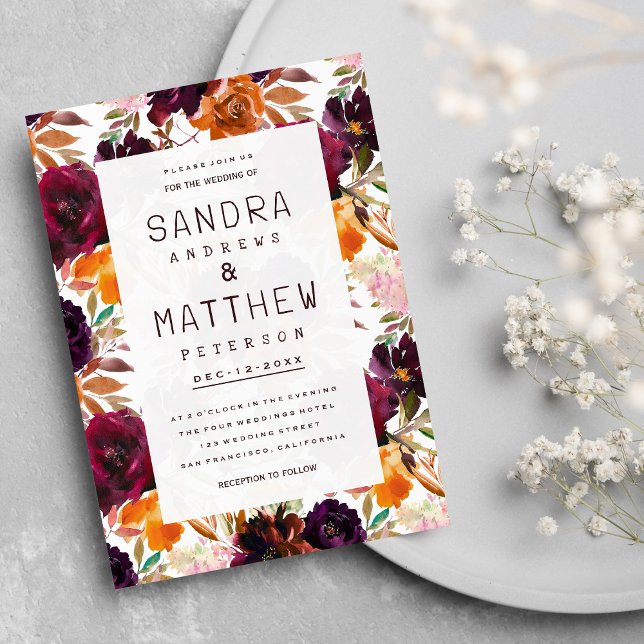 Weinfarbenbordeauxrot Rosa Herbsthochzeit Einladung (Watercolor burgundy red orange pink Autumn Wedding Invitation)