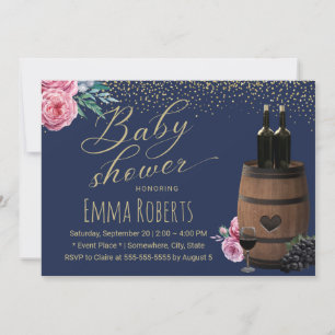 Weinfass Navy Gold Konfetti Florales Babyshower Einladung