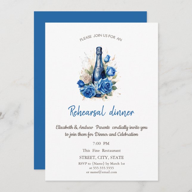 Weinflasche Blaue Rose Probe Abendessen Einladung (Vorne/Hinten)