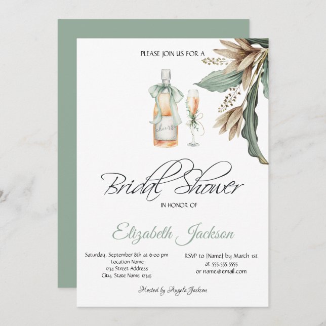 Weinflasche Glas Vintage Blume Brautparty Einladung (Vorne/Hinten)