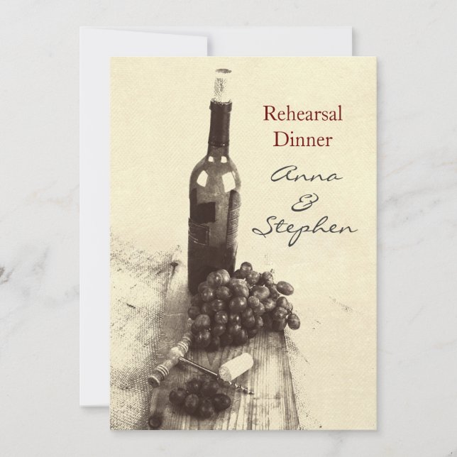 Weinflasche, Trauben, Korkenzieher und Korken Einladung (Vorderseite)