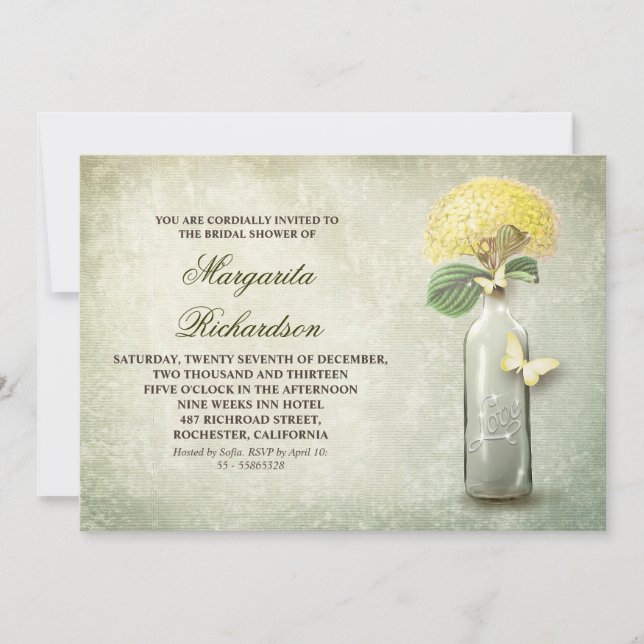 Weinflasche und gelbe Blumen Brautparty lädt ein Einladung (Vorderseite)