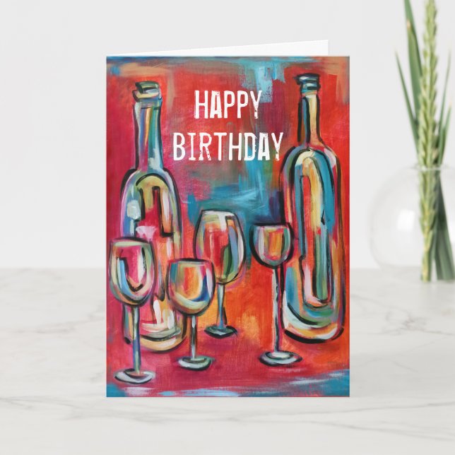 Weinflaschen Gläser Geburtstag Red Blue Jazzy Küns Karte (Vorderseite)