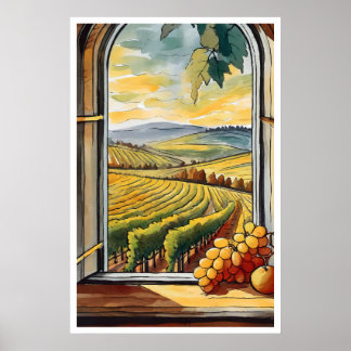 Weingarten durch das Fenster Herbst / Herbstposter Poster