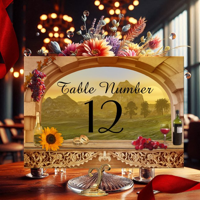 Weingarten Hochzeitskarte Tischnummer (Festive wedding table number card with a classic Italian scene with a wine theme and a sunflower)