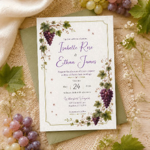 Weingarten Lila Trauben Elegante Aquarell-Hochzeit Einladung