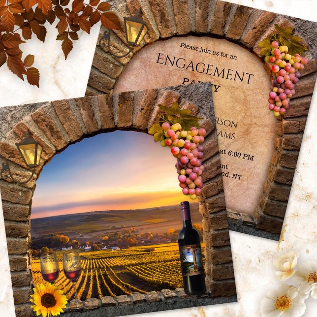 Weingarten Wein Thema Engagement Party Einladung (Festive engagement party invitation featuring a romantic sunset on an Italian vineyard landscape)
