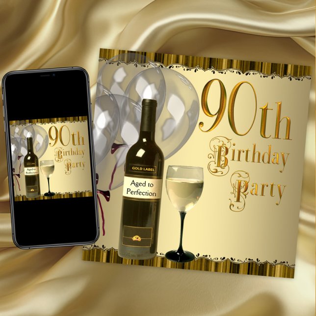 Weinglas Flasche Gold 90. Geburtstagsparty Einladung (90th birthday party invitation. Instant download and printed invitations available.)