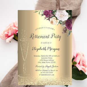 Weinglas Gold Glitter Bokeh Floral Ruhestand Einladung