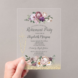 Weinglas Gold Glitter Tropische Blumen Ruhestand Acryleinladungen