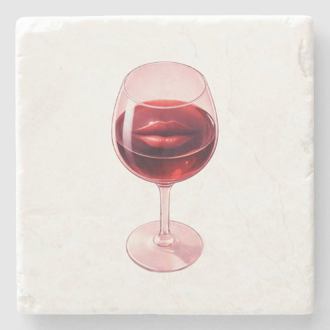 Weinglas mit roten Lippen Cocktail Servietten  Steinuntersetzer (Vorderseite)