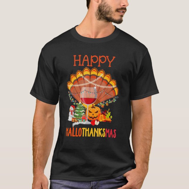 Weinglas Thankgiving Weinfreudige Hallothanksmas T-Shirt (Vorderseite)