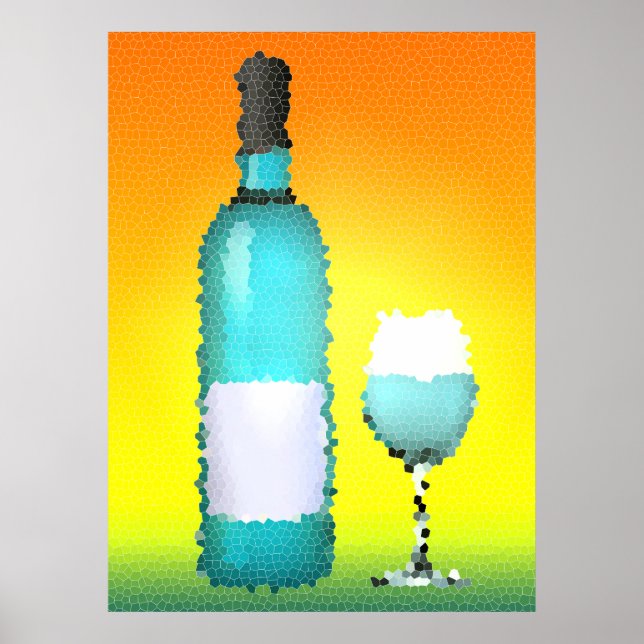 Weinglas und Flasche: Buntglas Poster (Vorne)