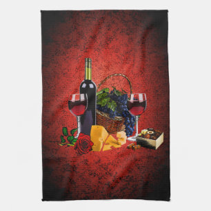 Weingläser, Flasche, Trauben, Käse, Schokoladen Geschirrtuch