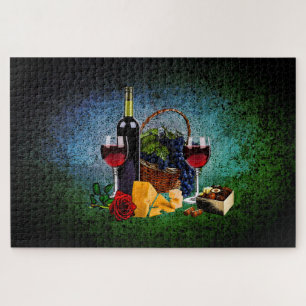 Weingläser, Flaschen, Weintrauben, Käse, Pralinen Puzzle