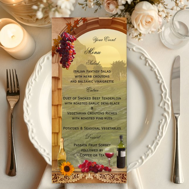 Weingut- oder Wein-Themen-Menükarte Menükarte (Wedding menu card in vintage Italian style with a winery or vineyard theme)