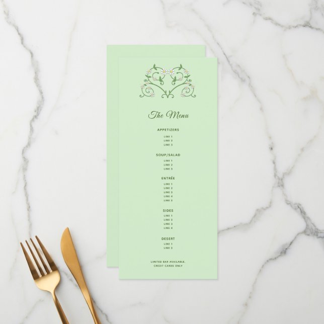 Weinherz auf Mint Multi-Course Menü Menükarte (Vorderseite/Rückseite Beispiel)