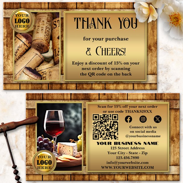Weinkellerei Weinkeller Foto Vielen Dank Visitenkarte (Thank you for your order business card featuring your custom photos on a wine barrel background)