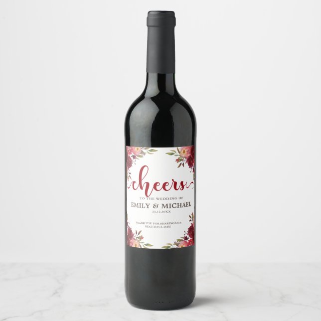 Weinlabel Burgundy Marsala Red Floral Wedding Weinetikett (Vorderseite)