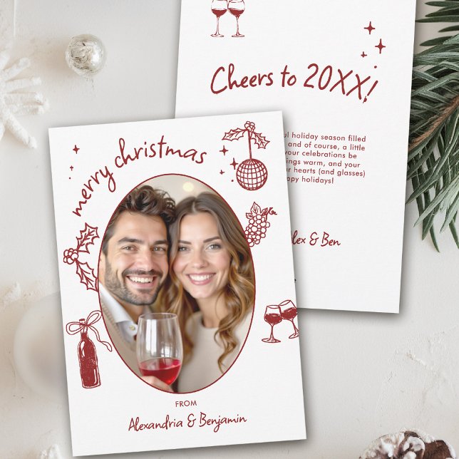 Weinliebhaber-Handgezeichnete skurrile Foto-Feiert Feiertagskarte (wine lover holiday christmas photo card drinks hand drawn winery friendsmas)
