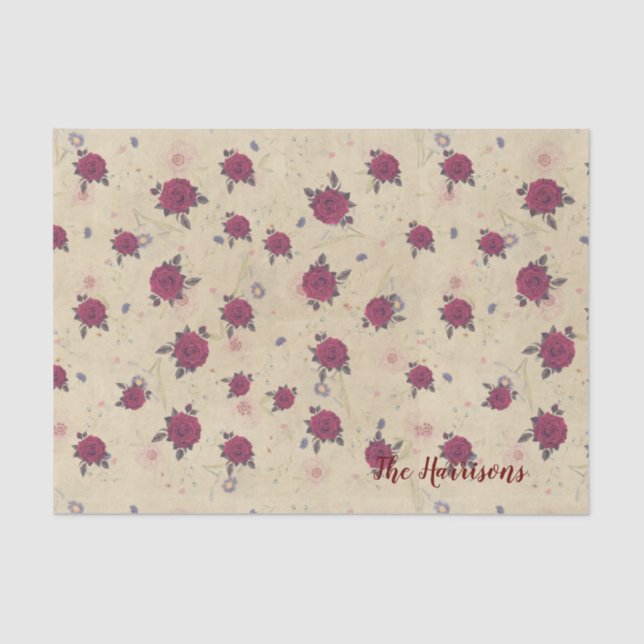 Weinmuster Rose Rotes Braun Vintag Familienname Seidenpapier (Vorderseite)