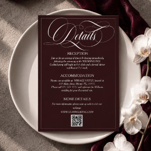 Weinrote elegante Kalligrafie Hochzeitsdetails Begleitkarte