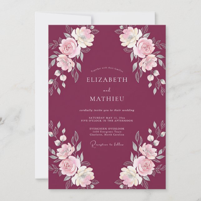 Weinrote Florale Hochzeit Einladung (Vorderseite)