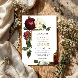 Weinrote Rosen Rustikale Ländliche Hochzeit mit QR Einladung