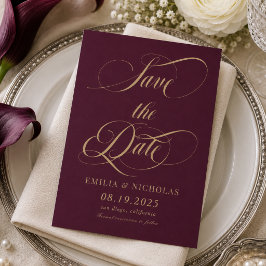 Weinrote und goldene Foto-Hochzeit Save The Date