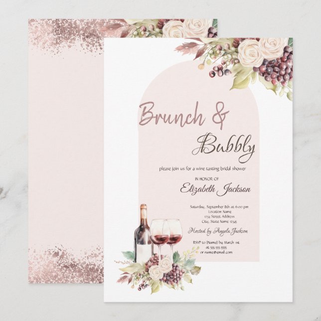 Weintrauben Boho Blume Brunch & Bubbly Einladung (Vorne/Hinten)