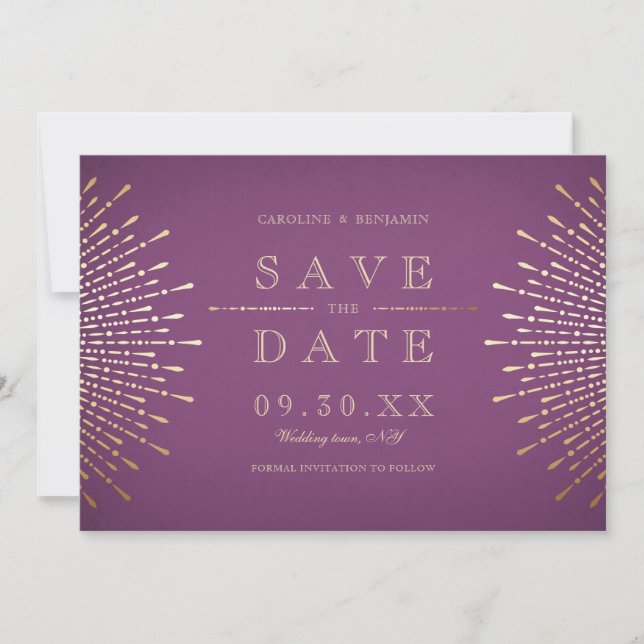 Weintrauben Save the Date mit Gold und lila Deko (Vorderseite)