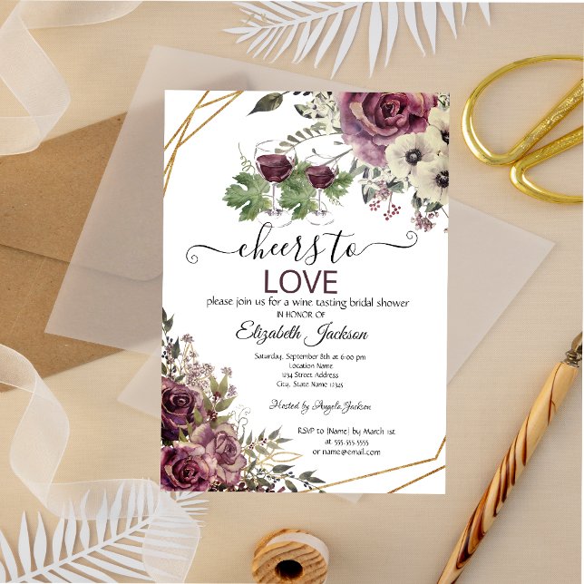 Weinverkostung Burgund Blume Brautparty Einladung (Von Creator hochgeladen)